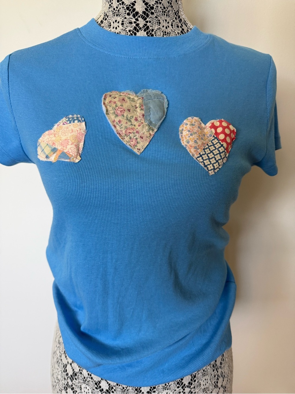 Blue Short Sleeve Tee with Heart quilted